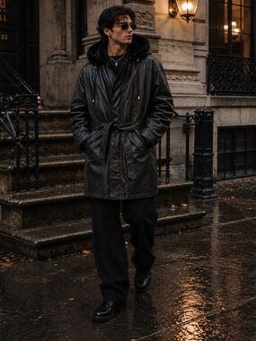 Vintage 90s Wilda Black Genuine Leather Faux Fur Hooded Car Coat Parka Men’s 2XL